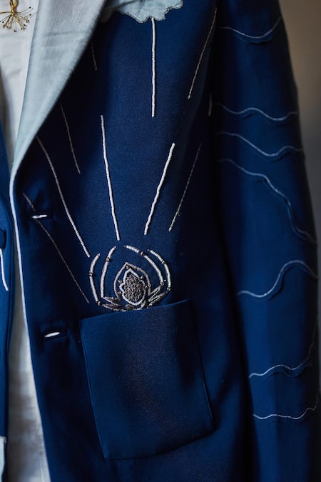 Jatin Malik_Blue Kota Doria Embroidery The Floating Spider Embellished Blazer And Pant Set _at_Aza_Fashions