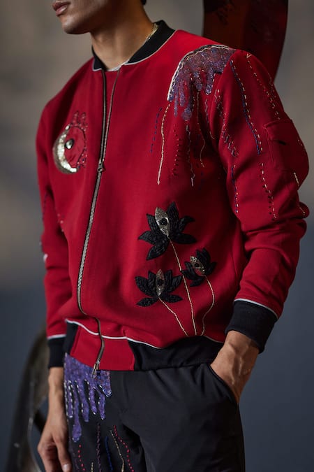 Buy Jatin Malik Red Crepe Sequins, Embroidery The Vieled Heart Bomber Jacket With Trouser Online at Aza Fashions Buy_Jatin Malik_Red Crepe Sequins, Embroidery The Vieled Heart Bomber Jacket With Trouser _Online_at_Aza_Fashions