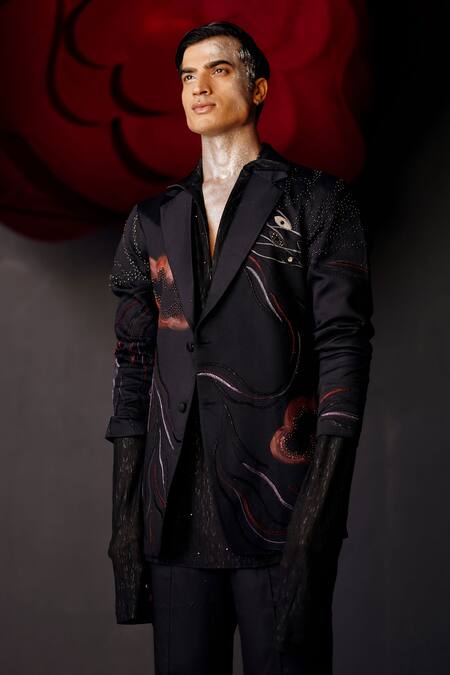 Buy_Jatin Malik_Black Modal, Rayon Sequins Poster Eyes Embellished Overshirt And Pant Set _Online_at_Aza_Fashions