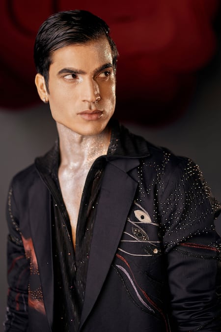 Shop_Jatin Malik_Black Modal, Rayon Sequins Poster Eyes Embellished Overshirt And Pant Set _Online_at_Aza_Fashions