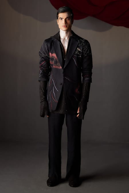 Jatin Malik_Black Modal, Rayon Sequins Poster Eyes Embellished Overshirt And Pant Set _at_Aza_Fashions