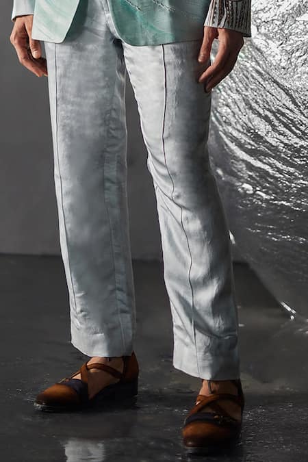 Jatin Malik Silver Linen, Silk Embroidery Rinbowed Overshirt With Trouser Online at Aza Fashions Jatin Malik_Silver Linen, Silk Embroidery Rinbowed Overshirt With Trouser _Online_at_Aza_Fashions