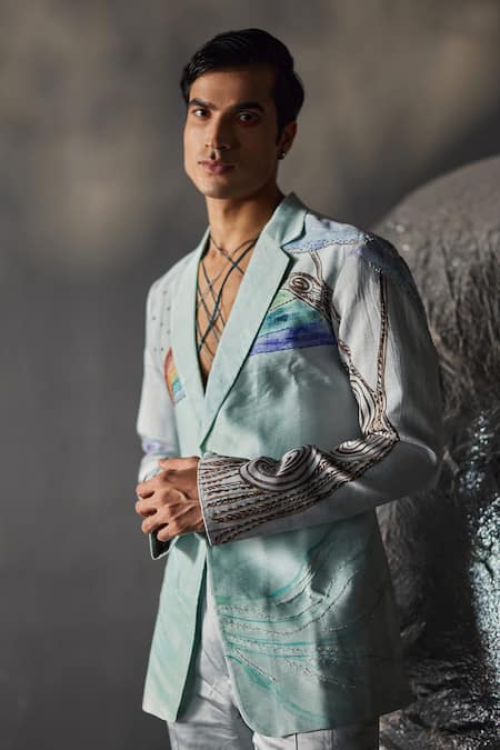 Buy Jatin Malik Silver Linen, Silk Embroidery Rinbowed Overshirt With Trouser Online at Aza Fashions Buy_Jatin Malik_Silver Linen, Silk Embroidery Rinbowed Overshirt With Trouser _Online_at_Aza_Fashions