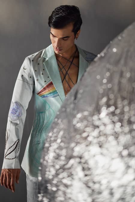 Shop Jatin Malik Silver Linen, Silk Embroidery Rinbowed Overshirt With Trouser Online at Aza Fashions Shop_Jatin Malik_Silver Linen, Silk Embroidery Rinbowed Overshirt With Trouser _Online_at_Aza_Fashions