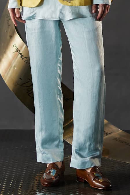 Jatin Malik Blue Linen, Silk The Melting Clocks Hand Painted Overshirt And Pant Set Online at Aza Fashions Jatin Malik_Blue Linen, Silk The Melting Clocks Hand Painted Overshirt And Pant Set _Online_at_Aza_Fashions