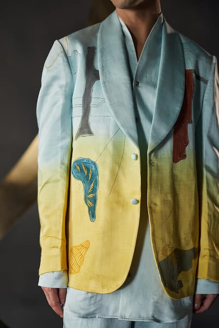 Shop Jatin Malik Blue Linen, Silk The Melting Clocks Hand Painted Overshirt And Pant Set Online at Aza Fashions Shop_Jatin Malik_Blue Linen, Silk The Melting Clocks Hand Painted Overshirt And Pant Set _Online_at_Aza_Fashions