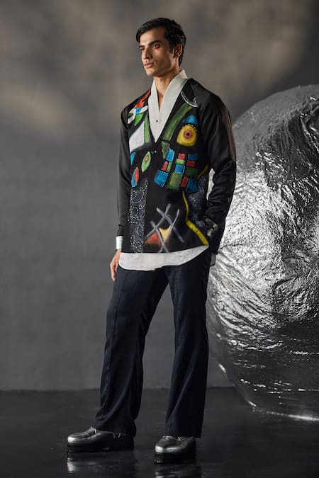 Shop Jatin Malik Black Modal, Rayon Embroidery Carnival Hand Painted Overshirt And Pant Set at Aza Fashions Shop_Jatin Malik_Black Modal, Rayon Embroidery Carnival Hand Painted Overshirt And Pant Set _at_Aza_Fashions
