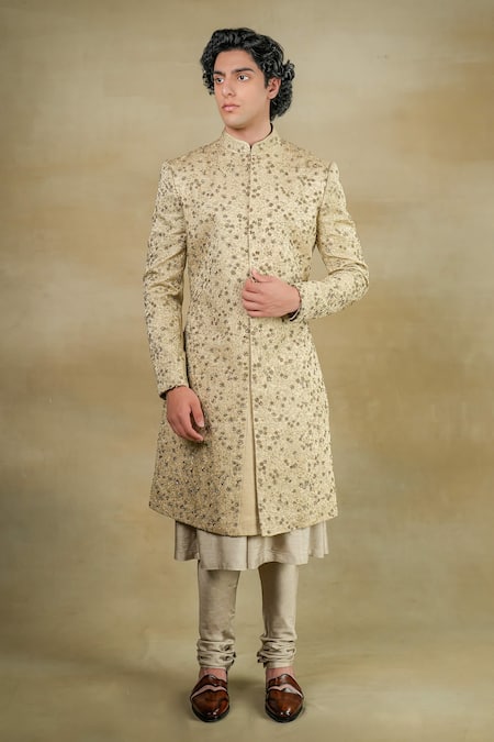 Jatin Malik Grey Linen Silk Embroidery Floral Garden Sandune Sherwani Set 