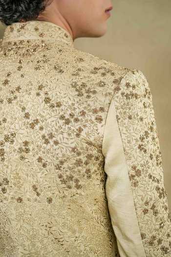 Shop Jatin Malik Grey Linen, Silk Embroidery, Zari, Diamonds Sandune Floral Garden Sherwani Set Online at Aza Fashions Shop_Jatin Malik_Grey Linen, Silk Embroidery, Zari, Diamonds Sandune Floral Garden Sherwani Set _Online_at_Aza_Fashions