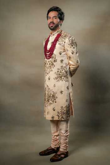 Jatin Malik Frosted Almond Mughal Floral Work Sherwani Set 