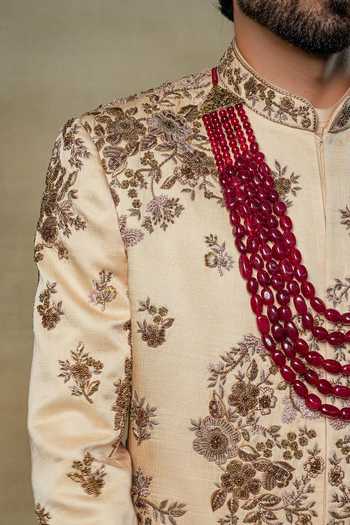 Jatin Malik Gold Linen, Silk Embroidery, Frosted Almond Mughal Floral Work Sherwani Set Online at Aza Fashions Jatin Malik_Gold Linen, Silk Embroidery, Frosted Almond Mughal Floral Work Sherwani Set _Online_at_Aza_Fashions