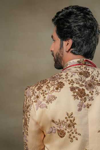 Shop Jatin Malik Gold Linen, Silk Embroidery, Frosted Almond Mughal Floral Work Sherwani Set Online at Aza Fashions Shop_Jatin Malik_Gold Linen, Silk Embroidery, Frosted Almond Mughal Floral Work Sherwani Set _Online_at_Aza_Fashions