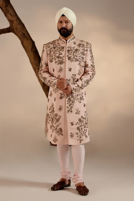 Jatin Malik Pink Linen Silk Embroidery Moti Zari And Resham Floral Work Sherwani Set 