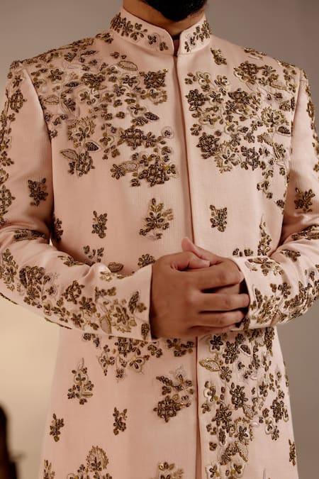 Jatin Malik_Pink Linen, Silk Metallic Thread, Zari And Resham Floral Work Sherwani Set _Online_at_Aza_Fashions