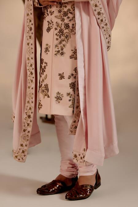 Buy_Jatin Malik_Pink Linen, Silk Metallic Thread, Zari And Resham Floral Work Sherwani Set _Online_at_Aza_Fashions