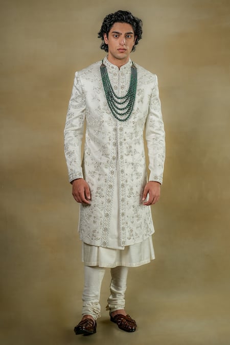 Jatin Malik White Linen Silk Embroidery Zari Gardenia Sherwani Set 