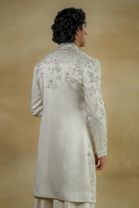 Shop Jatin Malik White Linen, Silk Zari Gardenia Embroidered Sherwani Set at Aza Fashions Shop_Jatin Malik_White Linen, Silk Zari Gardenia Embroidered Sherwani Set _at_Aza_Fashions