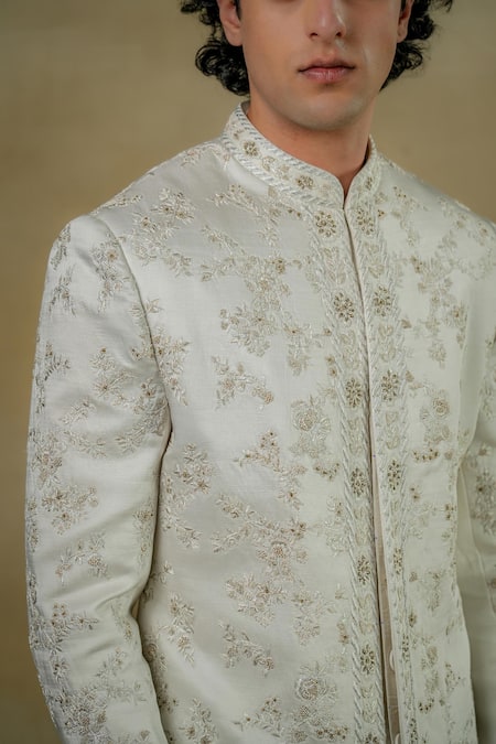 Buy Jatin Malik White Linen, Silk Zari Gardenia Embroidered Sherwani Set Online at Aza Fashions Buy_Jatin Malik_White Linen, Silk Zari Gardenia Embroidered Sherwani Set _Online_at_Aza_Fashions