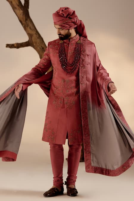 Shop_Jatin Malik_Red Linen, Silk Embroidery Flora Blossom Sherwani Set _at_Aza_Fashions