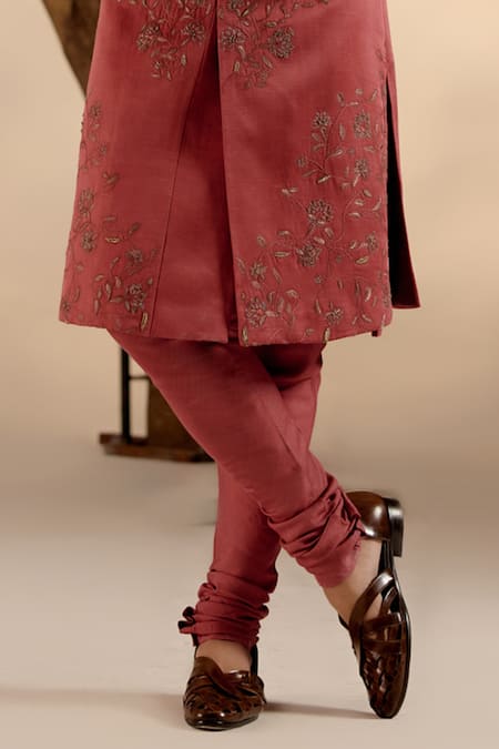 Jatin Malik_Red Linen, Silk Embroidery Flora Blossom Sherwani Set _Online_at_Aza_Fashions