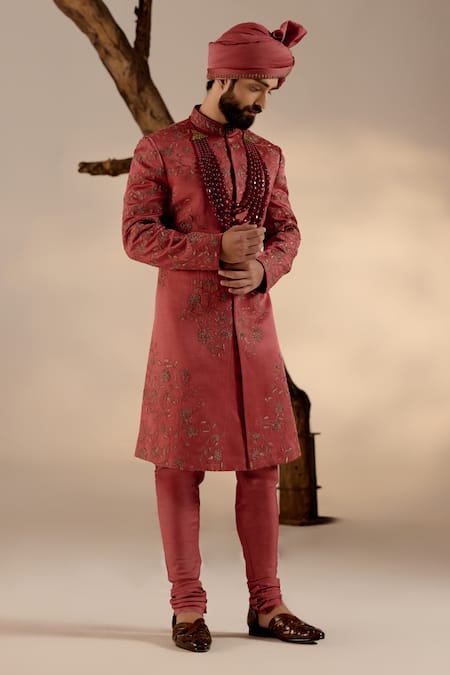Buy_Jatin Malik_Red Linen, Silk Embroidery Flora Blossom Sherwani Set _Online_at_Aza_Fashions