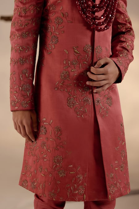 Shop_Jatin Malik_Red Linen, Silk Embroidery Flora Blossom Sherwani Set _Online_at_Aza_Fashions