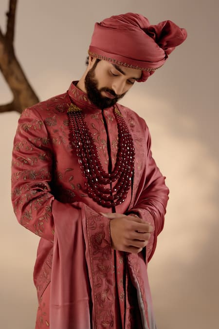 Jatin Malik_Red Linen, Silk Embroidery Flora Blossom Sherwani Set _at_Aza_Fashions