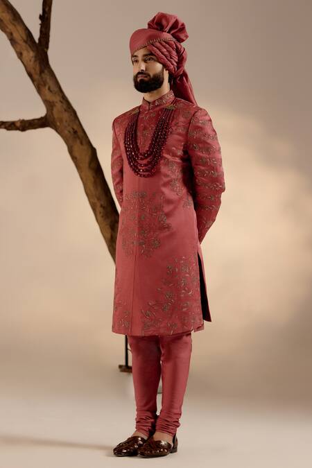 Buy_Jatin Malik_Red Linen, Silk Embroidery Flora Blossom Sherwani Set 