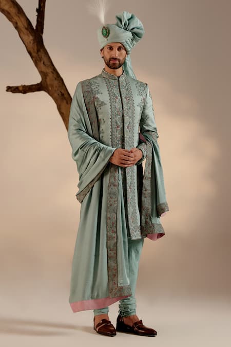 Shop Jatin Malik Mint Linen, Silk Embroidery, Brooches Garden Bloom Sherwani Set at Aza Fashions Shop_Jatin Malik_Mint Linen, Silk Embroidery, Brooches Garden Bloom Sherwani Set _at_Aza_Fashions