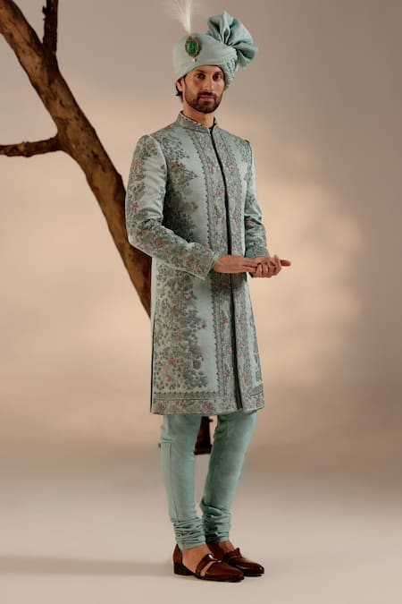 Jatin Malik Mint Linen, Silk Embroidery, Brooches Garden Bloom Sherwani Set Online at Aza Fashions Jatin Malik_Mint Linen, Silk Embroidery, Brooches Garden Bloom Sherwani Set _Online_at_Aza_Fashions