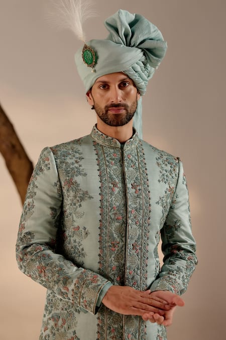 Buy Jatin Malik Mint Linen, Silk Embroidery, Brooches Garden Bloom Sherwani Set Online at Aza Fashions Buy_Jatin Malik_Mint Linen, Silk Embroidery, Brooches Garden Bloom Sherwani Set _Online_at_Aza_Fashions