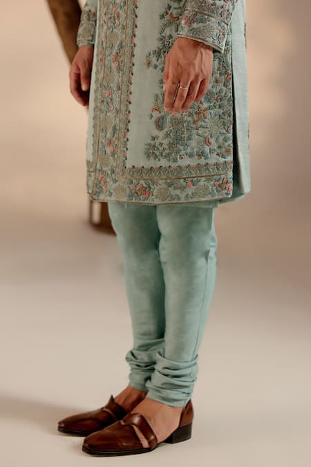 Shop Jatin Malik Mint Linen, Silk Embroidery, Brooches Garden Bloom Sherwani Set Online at Aza Fashions Shop_Jatin Malik_Mint Linen, Silk Embroidery, Brooches Garden Bloom Sherwani Set _Online_at_Aza_Fashions