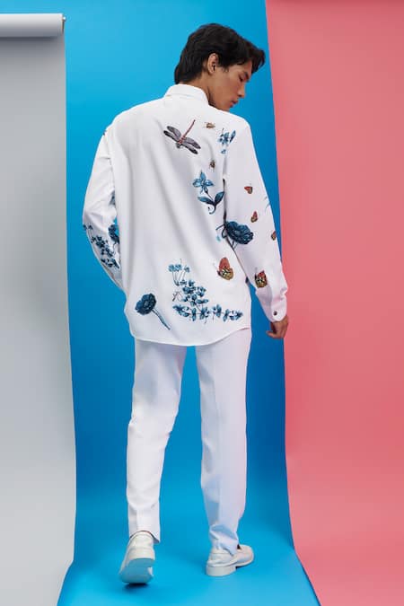 Shop Nautanky White Polyester Embroidery Matrix Printed Shirt at Aza Fashions Shop_Nautanky_White Polyester Embroidery Matrix Printed Shirt _at_Aza_Fashions