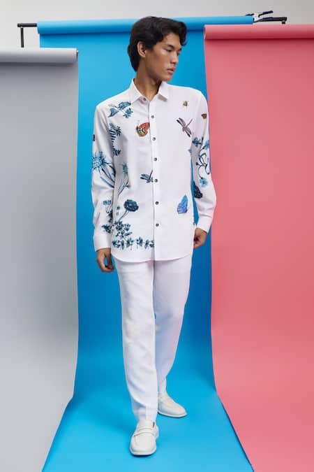 Nautanky White Polyester Embroidery Matrix Printed Shirt Online at Aza Fashions Nautanky_White Polyester Embroidery Matrix Printed Shirt _Online_at_Aza_Fashions