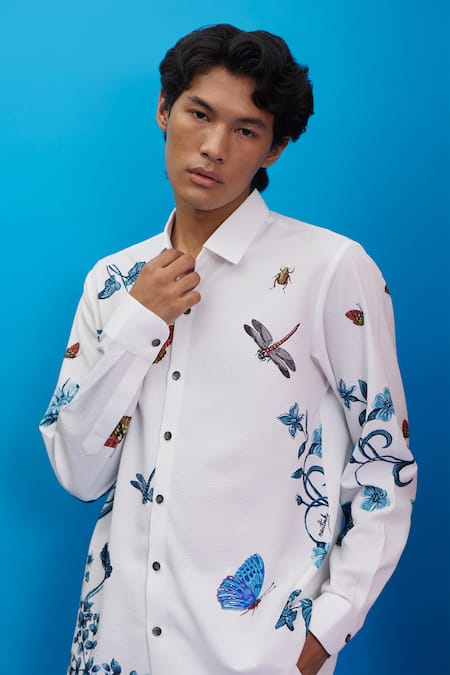 Shop Nautanky White Polyester Embroidery Matrix Printed Shirt Online at Aza Fashions Shop_Nautanky_White Polyester Embroidery Matrix Printed Shirt _Online_at_Aza_Fashions