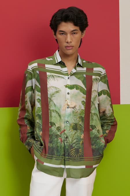 Nautanky_Green Cotton Mirage Printed Shirt _Online_at_Aza_Fashions