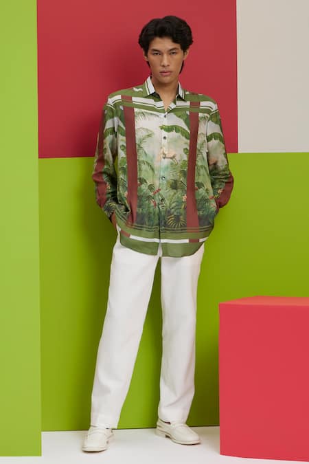 Shop_Nautanky_Green Cotton Mirage Printed Shirt _Online_at_Aza_Fashions
