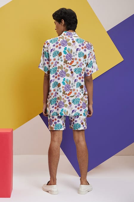 Shop Nautanky Off White Cotton Embroidery Mosaic Printed Shirt And Shorts Set at Aza Fashions Shop_Nautanky_Off White Cotton Embroidery Mosaic Printed Shirt And Shorts Set _at_Aza_Fashions