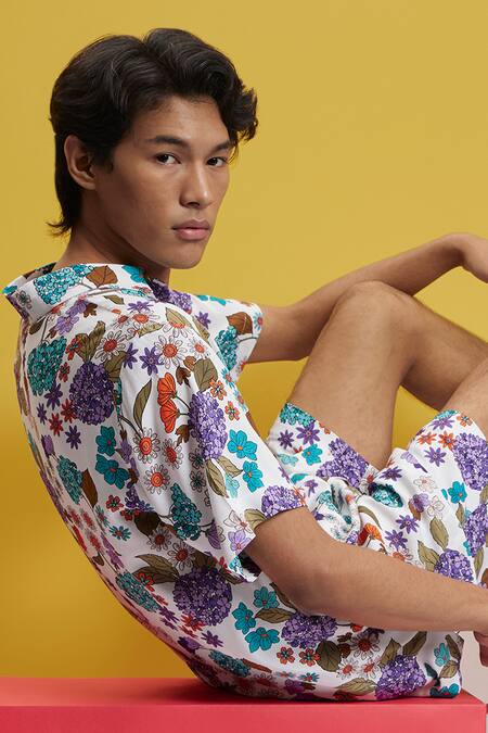 Nautanky Off White Cotton Embroidery Mosaic Printed Shirt And Shorts Set Online at Aza Fashions Nautanky_Off White Cotton Embroidery Mosaic Printed Shirt And Shorts Set _Online_at_Aza_Fashions