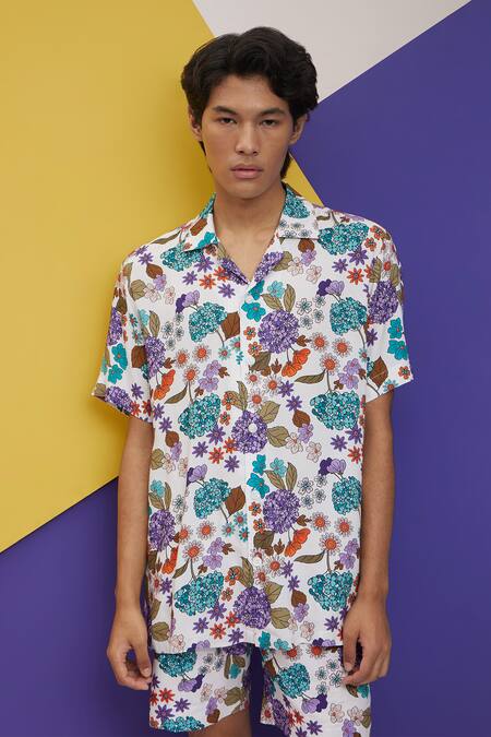 Buy Nautanky Off White Cotton Embroidery Mosaic Printed Shirt And Shorts Set Online at Aza Fashions Buy_Nautanky_Off White Cotton Embroidery Mosaic Printed Shirt And Shorts Set _Online_at_Aza_Fashions