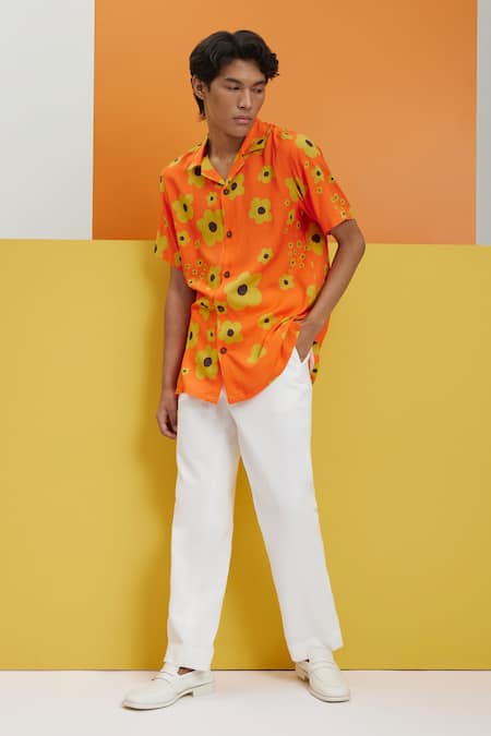 Nautanky_Orange Cotton Pizzazz Printed Shirt _Online_at_Aza_Fashions