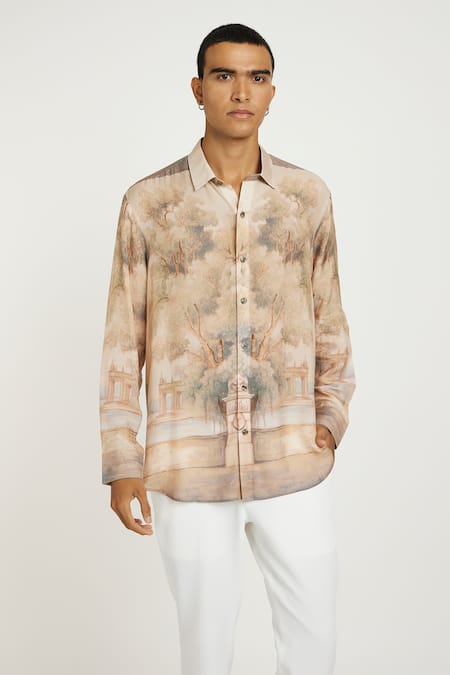 Nautanky_Beige Cotton Embroidery Spring Blooms Printed Shirt _Online_at_Aza_Fashions