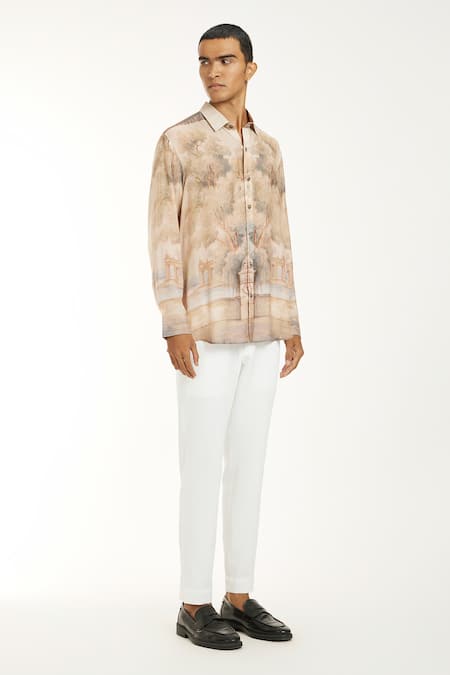 Nautanky_Beige Cotton Embroidery Spring Blooms Printed Shirt _at_Aza_Fashions