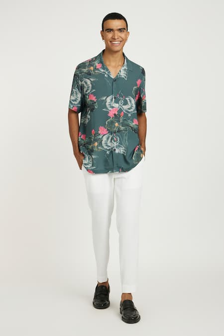 Nautanky Grey Cotton Whimsical Swan Dream Printed Shirt at Aza Fashions Nautanky_Grey Cotton Whimsical Swan Dream Printed Shirt _at_Aza_Fashions