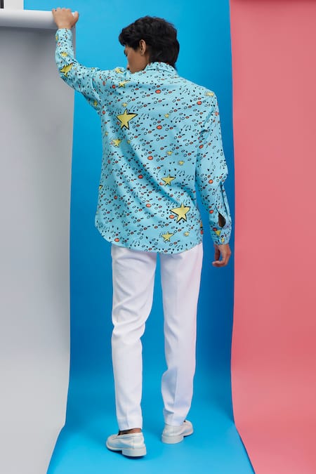 Shop_Nautanky_Blue Polyester Embroidery A Riot Ocean Print Shirt _at_Aza_Fashions