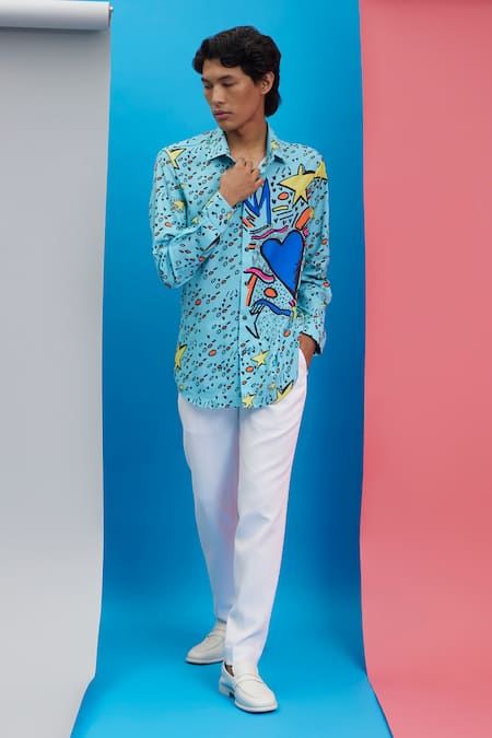 Nautanky_Blue Polyester Embroidery A Riot Ocean Print Shirt _Online_at_Aza_Fashions