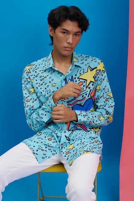 Buy_Nautanky_Blue Polyester Embroidery A Riot Ocean Print Shirt _Online_at_Aza_Fashions