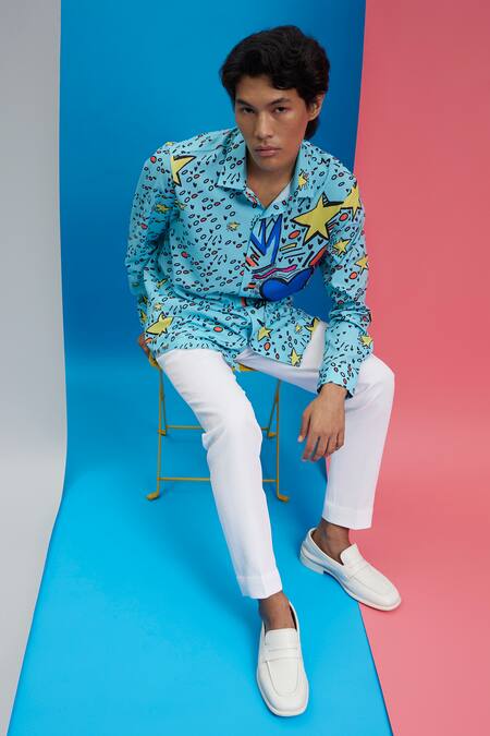 Shop_Nautanky_Blue Polyester Embroidery A Riot Ocean Print Shirt _Online_at_Aza_Fashions