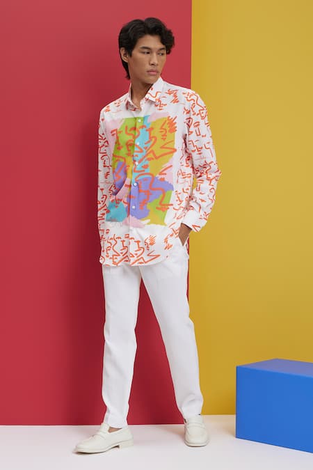 Nautanky White Polyester Embroidery Bloom Abstract Face Print Shirt Online at Aza Fashions Nautanky_White Polyester Embroidery Bloom Abstract Face Print Shirt _Online_at_Aza_Fashions