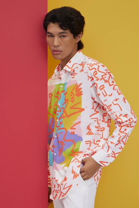 Buy Nautanky White Polyester Embroidery Bloom Abstract Face Print Shirt Online at Aza Fashions Buy_Nautanky_White Polyester Embroidery Bloom Abstract Face Print Shirt _Online_at_Aza_Fashions